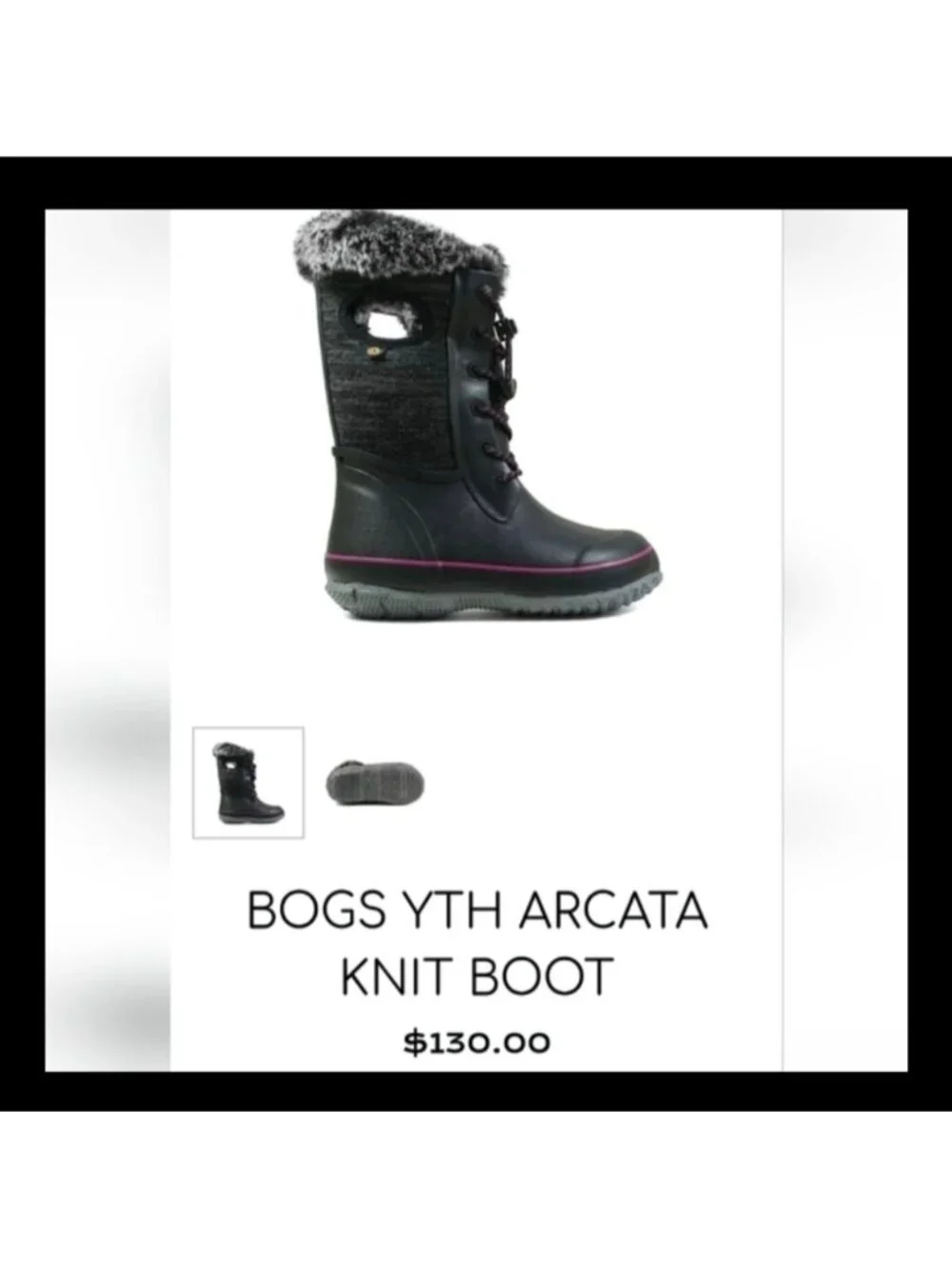 Bogs –Arcata Knit Kids Winter Boots Black With Pink Accents Big Kid Youth 4